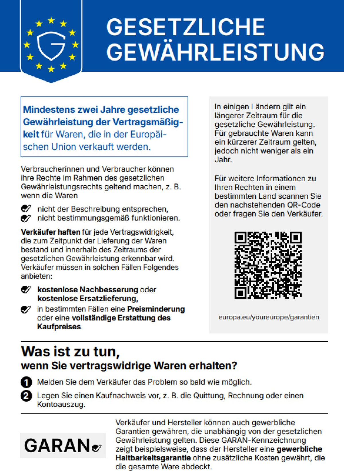 Informationsgrafik zur gesetzlichen Gewährleistung in der Europäischen Union mit Hinweis auf mindestens zwei Jahre Gewährleistung, Verbraucherrechten bei mangelhaften Waren und QR-Code zu weiteren Informationen.