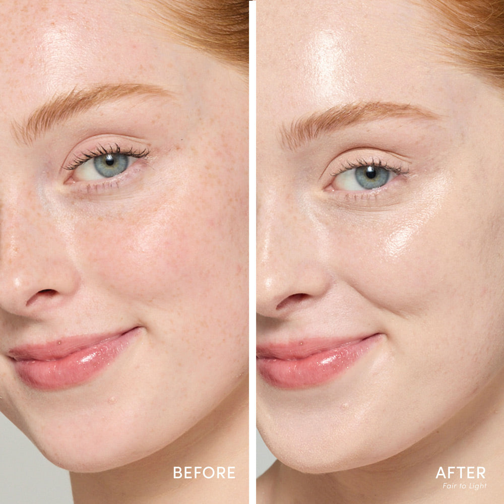 Vorher-Nachher-Vergleich einer Person mit heller Haut. Links ungeschminkt, rechts nach dem Auftragen des jane iredale Glow Fixation SPF 30 in der Nuance Fair to Light mit ebenmäßiger wirkendem Teint und leichtem Glow.