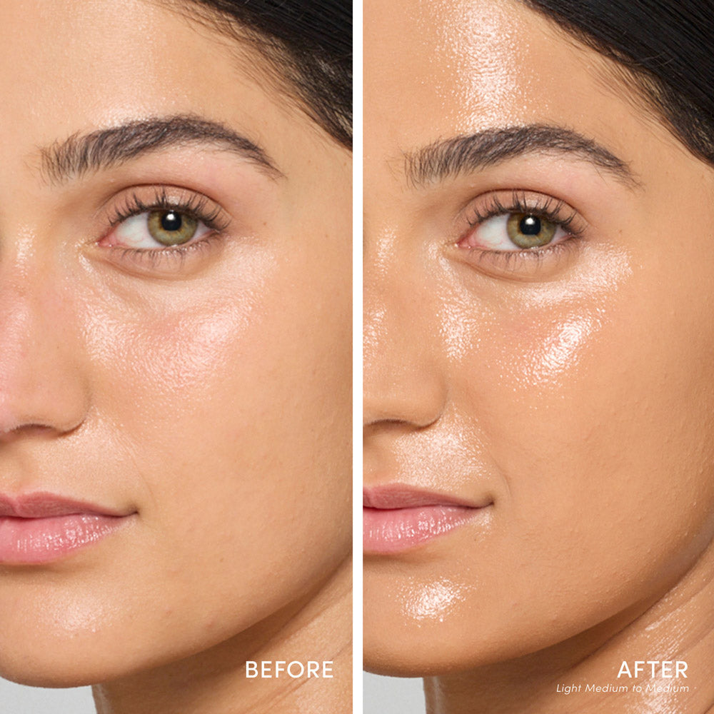Vorher-Nachher-Vergleich einer Person mit hell-mittlerem Hautton. Rechts ist der Teint nach dem Auftragen des jane iredale Glow Fixation SPF 30 in der Nuance Light Medium to Medium gleichmäßiger und leicht glänzend.