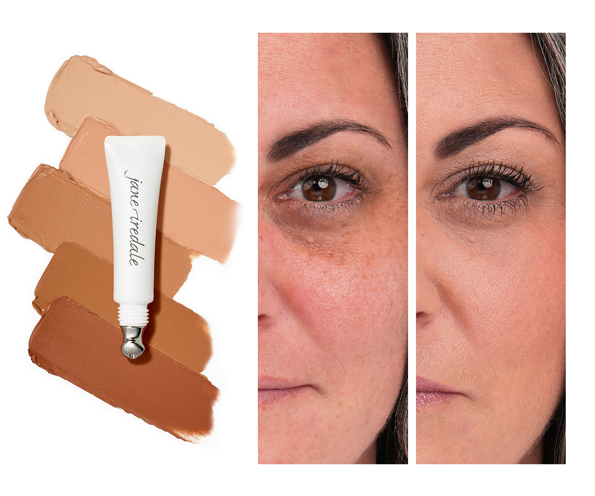 Eine weiße Tube Jane Iredale Concealer auf fünf Hautton-Swatches von Hell bis Dunkel; rechts daneben ein Vorher-Nachher-Vergleich einer Augenpartie, der die Abdeckung von Hautverfärbungen und Schatten zeigt.