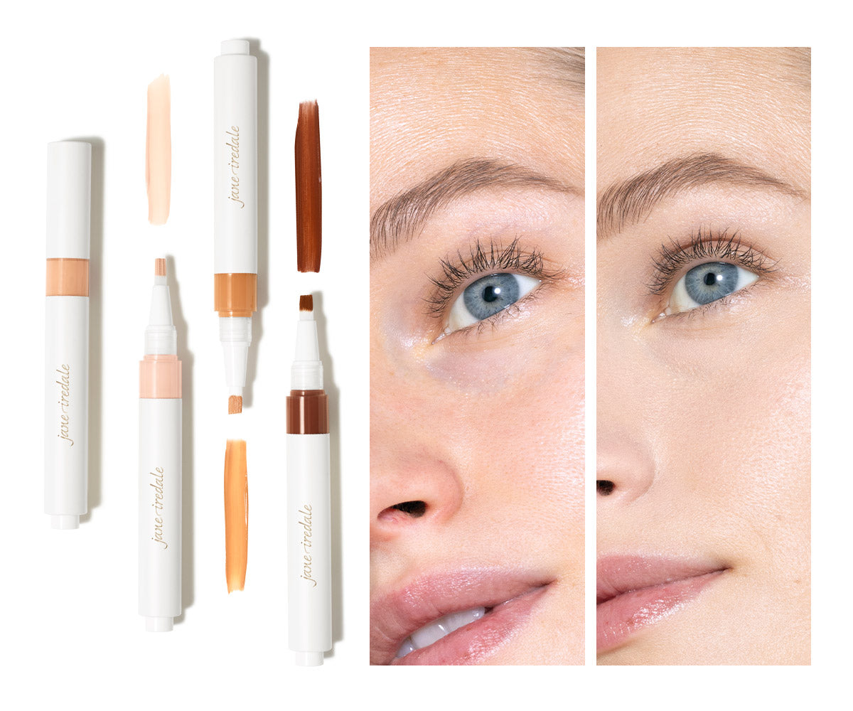 Vier geöffnete Jane Iredale Concealer-Stifte mit Pinsel-Applikator und korrespondierenden Creme-Swatches. Rechts ein Vorher-Nachher-Vergleich eines Frauengesichts, der die Abdeckung von Hautunreinheiten für einen natürlichen Look zeigt.