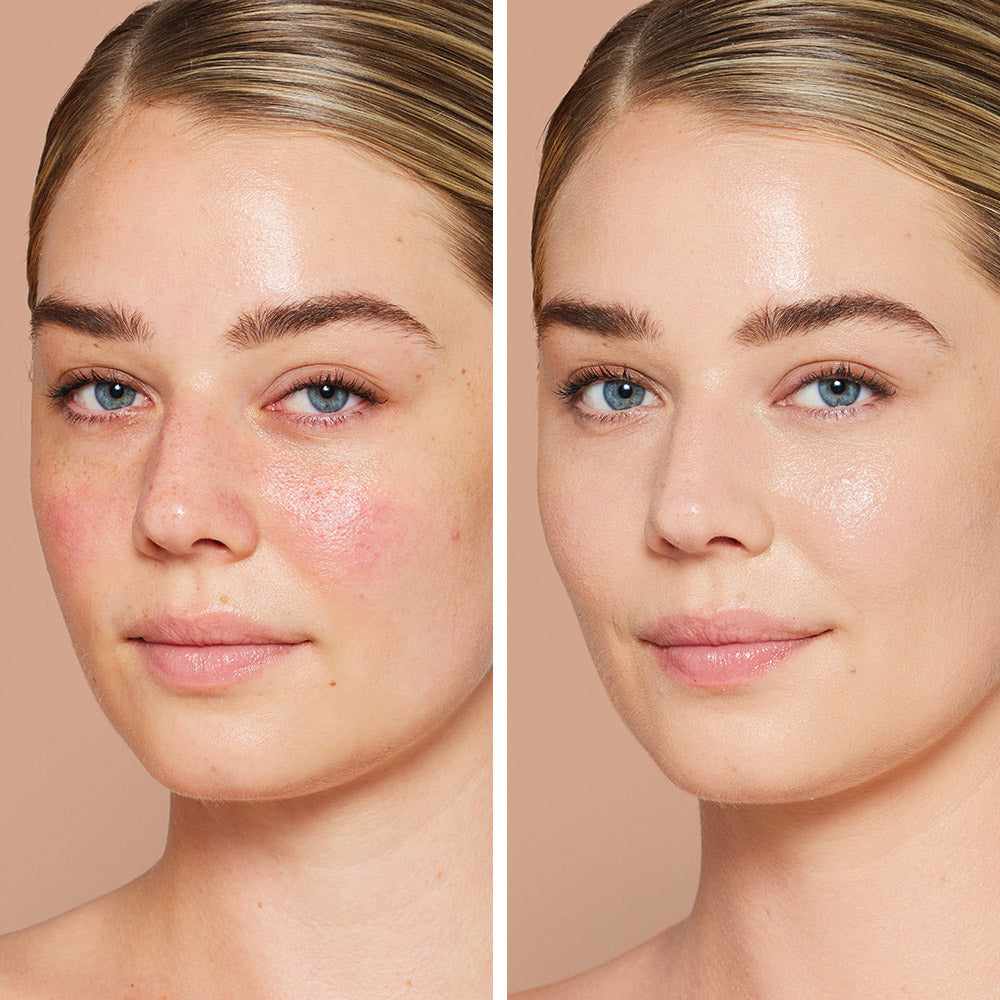 Vorher/Nachher Bild eines weiblichen Models, eine junge Frau mit blonden Haaren und blauen Augen schaut in die Kamera, ihr Gesicht wird einmal ohne und einmal mit der Skintuition Flüssigfoundation von jane iredale gezeigt